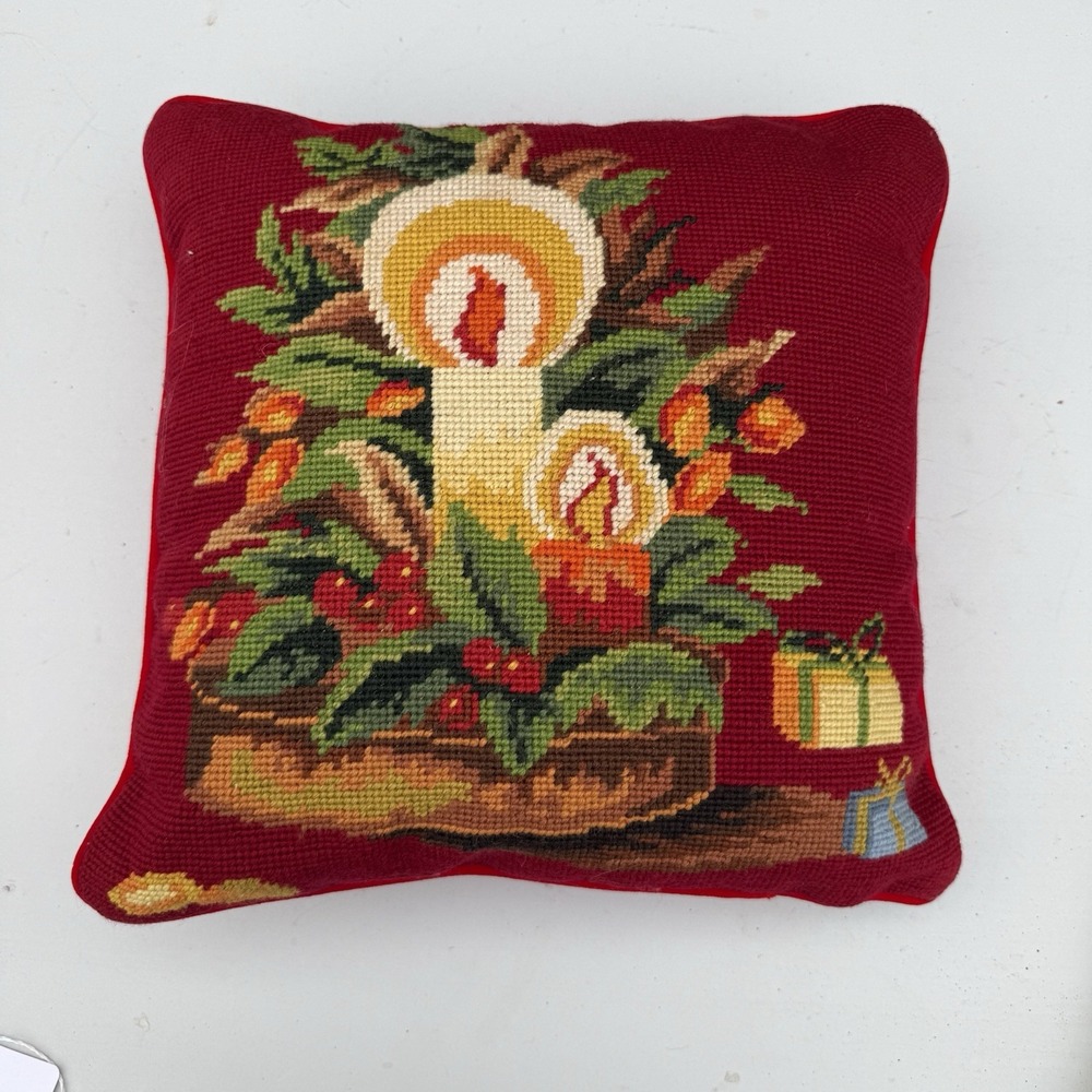 VTG Needlepoint Christmas Candle Pillow Velvet Back 12"x12"‎ Imperial Elegance